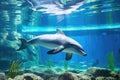 large aquarium tank hosting a playful dolphin