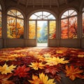 Large arched windows overlooking the autumn park. Advertising banner. Generative AI Royalty Free Stock Photo