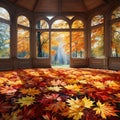 Large arched windows overlooking the autumn park. Advertising banner. Generative AI Royalty Free Stock Photo