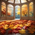 Large arched windows overlooking the autumn park. Advertising banner. Generative AI Royalty Free Stock Photo