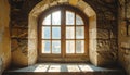 Large arched wooden window with multiple panes in old stone wall with peeling plaster Royalty Free Stock Photo