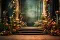 A large archway with flowers and vines leading to a stage. Royalty Free Stock Photo