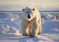 Large arctic polar bear walking in in snow on cold day.Macro.AI Generative