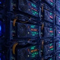 A large array of cryptocurrency mining rigs features multiple black devices stacked in rows