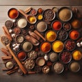 Large array of different spices on table top