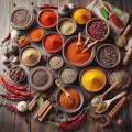 Large array of different spices on table top