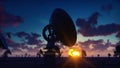 Large Array Radio Telescope. Time-lapse of a radio telescope in desert at sunrise against the blue sky. 3D Rendering