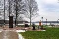 Russia, Lodeinoe Pole, December 2020. Monuments dedicated to the history of the Russian fleet in the city park.