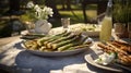 large asparagus on serving platter in the garden Royalty Free Stock Photo