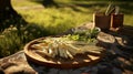 large asparagus on serving platter in the garden Royalty Free Stock Photo