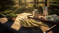 large asparagus on serving platter in the garden Royalty Free Stock Photo