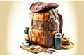 Large assembled Hiking Travel Backpack with essential clothing for hiking in forest or mountains