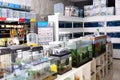 Large assortment of goods for aquarists and bird fanciers in modern pet shop