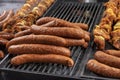 Large assortment of grilled sausages and kebabs at  Cracow christmas market Royalty Free Stock Photo