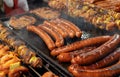 Large assortment of grilled sausages and kebabs at  Cracow christmas market Royalty Free Stock Photo