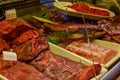Meat Placed on Counter in Local Helsinki Market Royalty Free Stock Photo