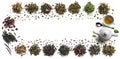 Large assortment of tea on a white background. The view from the top