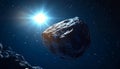 Large Asteroid Floating in Deep Dark Empty Space Illuminated by a Bright Distant Sun in Space Royalty Free Stock Photo