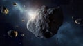A large asteroid flying in outer space with small fragments threat of an asteroid impact