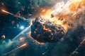A large asteroid is flying through the sky with a lot of asteroids around it. Generative AI Royalty Free Stock Photo