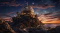 A large astronomical telescope is set up under the enchanting twilight sky, eagerly awaiting the perfect moment for stargazing. Royalty Free Stock Photo