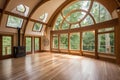large attic room with circular windows and tall ceiling, providing natural light and views of the outdoors