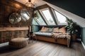 large attic room with comfortable reading nook, plush seating and natural light