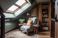large attic room with cozy reading nook and plush armchair