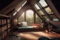 large attic room with cozy reading nook, plush pillows, and a view of the outside world