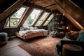 large attic room with cozy reading nook, plush pillows, and a view of the outside world