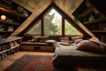 large attic room with cozy reading nook, plush pillows, and a view of the outside world