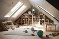 large attic room decked out as playroom with colorful toys, games, and books