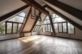 large attic room with glass windows and view of the garden or park