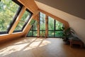 large attic room with glass windows and view of the garden or park