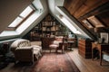 large attic room with low ceiling and vintage furniture, including armchair, bookcase and cabinet