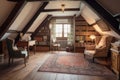 large attic room with low ceiling and vintage furniture, including armchair, bookcase and cabinet