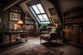 large attic room with low ceiling and vintage furniture, including armchair, bookcase and cabinet
