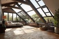 large attic room with view of the city and a skylight