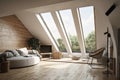 large attic room with view of the city and a skylight