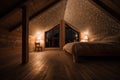 large attic room, with view of the night sky, filled with stars