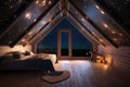 large attic room with a view of the night sky, full of stars and celestial lights