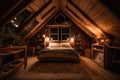 large attic room, with view of the night sky, full of stars