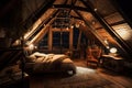 large attic room, with view of the night sky, full of stars