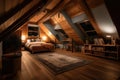 large attic room, with view of the night sky, full of stars