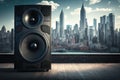 large audio speaker on stage, with view of the city skyline in the background