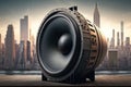 large audio speaker on stage, with view of the city skyline in the background