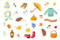 A large autumn set of cartoon elements. Collection of autumn attributes