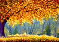 A large autumn tree, a yellow-orange tree crown, a sunny autumn meadow, an autumn landscape, a warm golden autumn