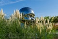 Large baby smiling heads in mirrored metal in Pampas grass. Sculpture installation Inner Child by sculptor Ken Kellehe