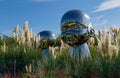 Large baby smiling heads in mirrored metal in Pampas grass. Sculpture installation Inner Child by sculptor Ken Kellehe